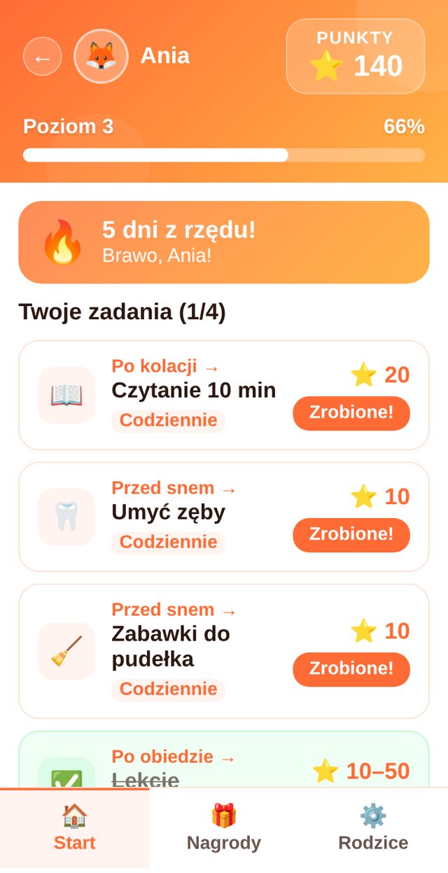 Aplikacja Zoria: zadania na dziś, gwiazdki i poziom