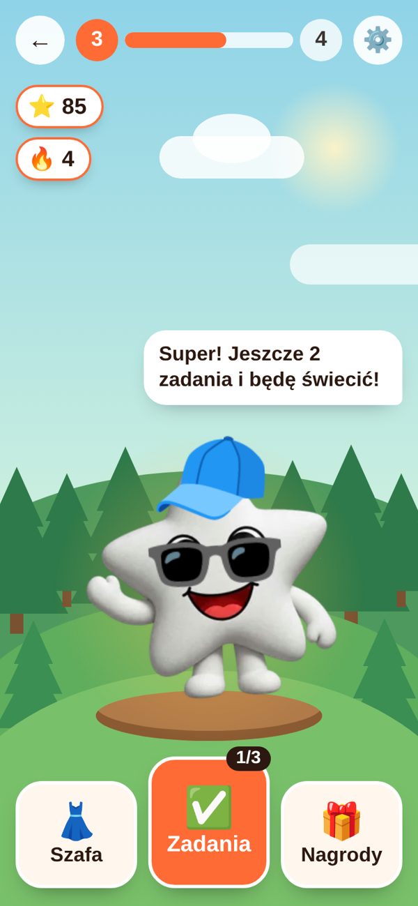 Aplikacja Zoria: gwiazdka Zoria w lesie, gwiazdki i seria